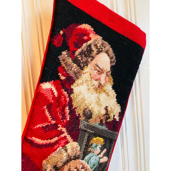 Vtg Needlepoint Christmas Stocking Old World Santa Little Girl 18” - Picture 2 of 5